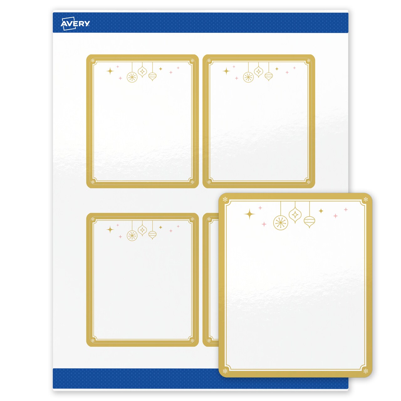 Avery Printable Rectangle Labels, 4" x 3-1/3", Glossy White, Pre-printed Metallic Gold Hanging Ornaments Design, Sure Feed Technology, Laser & Inkjet Compatible, 80 Total